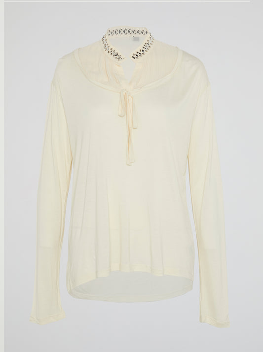 White Studded Collar Long Sleeve Top