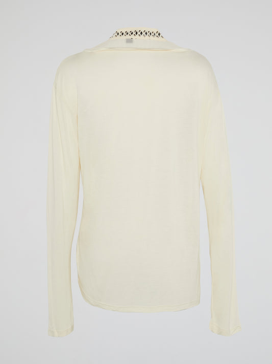 White Studded Collar Long Sleeve Top