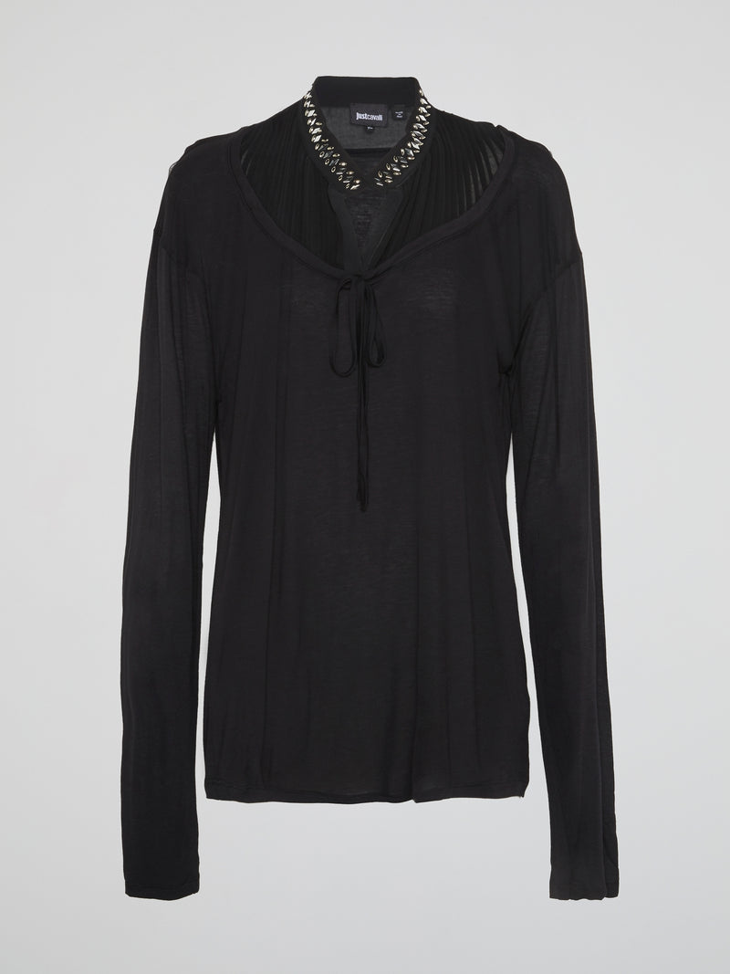 Black Studded Collar Long Sleeve Top