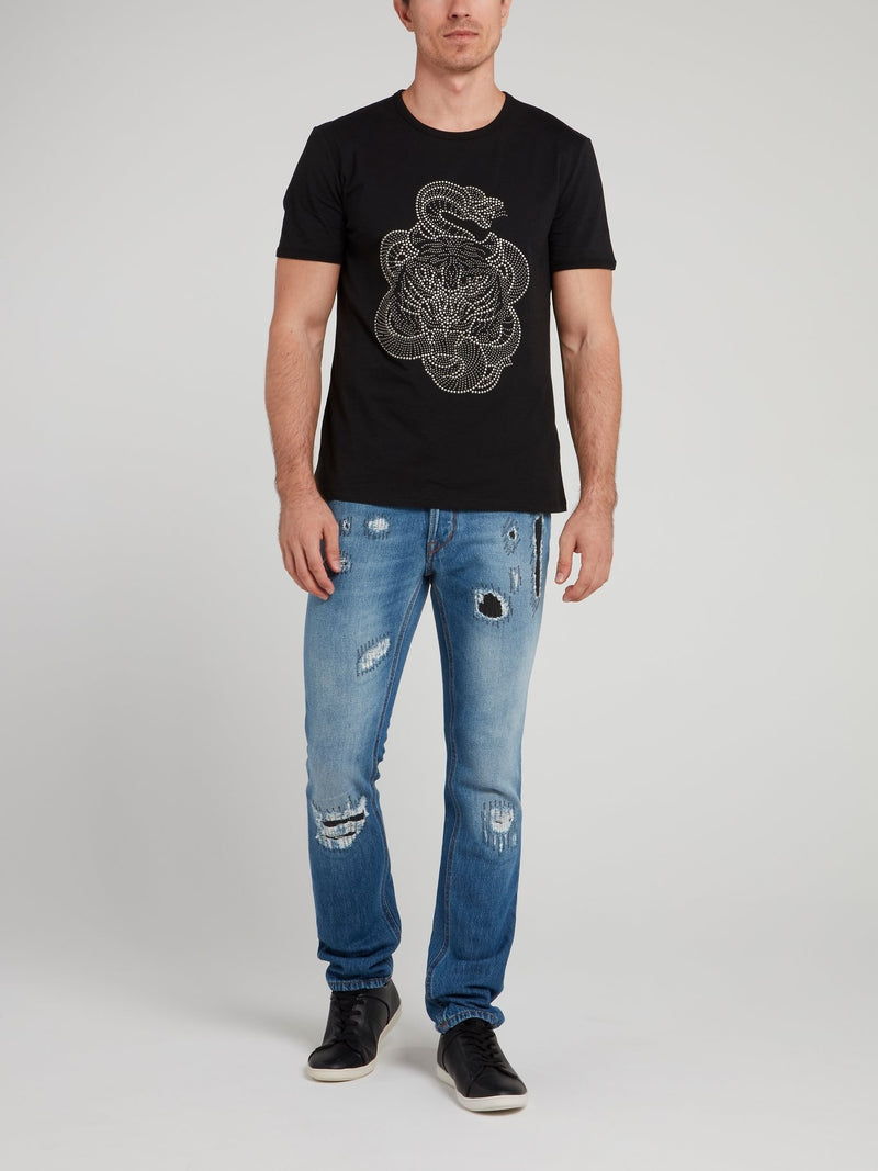 Синие джинсы с рваной отделкой