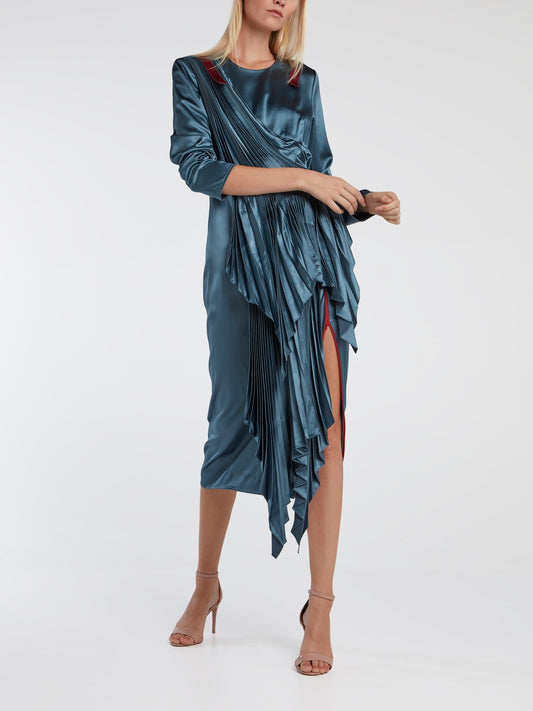 Sculptural Pleated Satin Dress