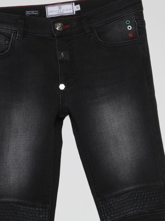Black Leather Patch Faded Jeans (Teens)