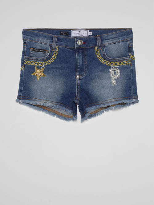 Blue Embroidered Bling Denim Shorts (Kids)