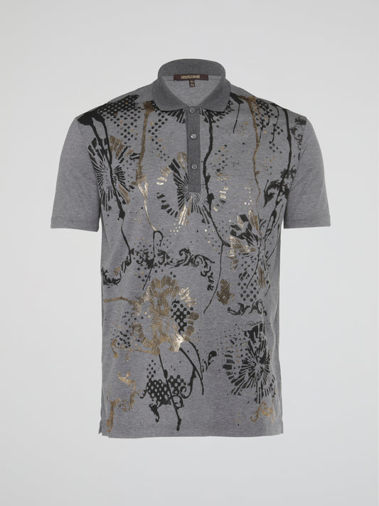 Grey Foil Print Polo Shirt