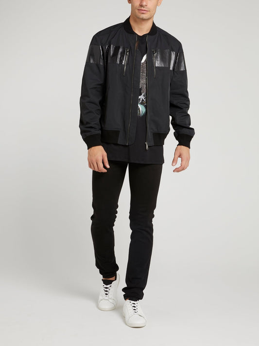 Черная куртка со вставками с эффектом змеиной кожи