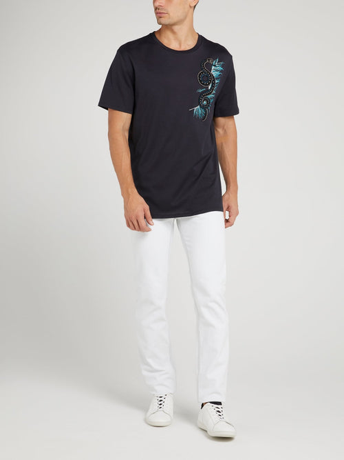 Темно-синяя футболка с изображением змеи и стразами